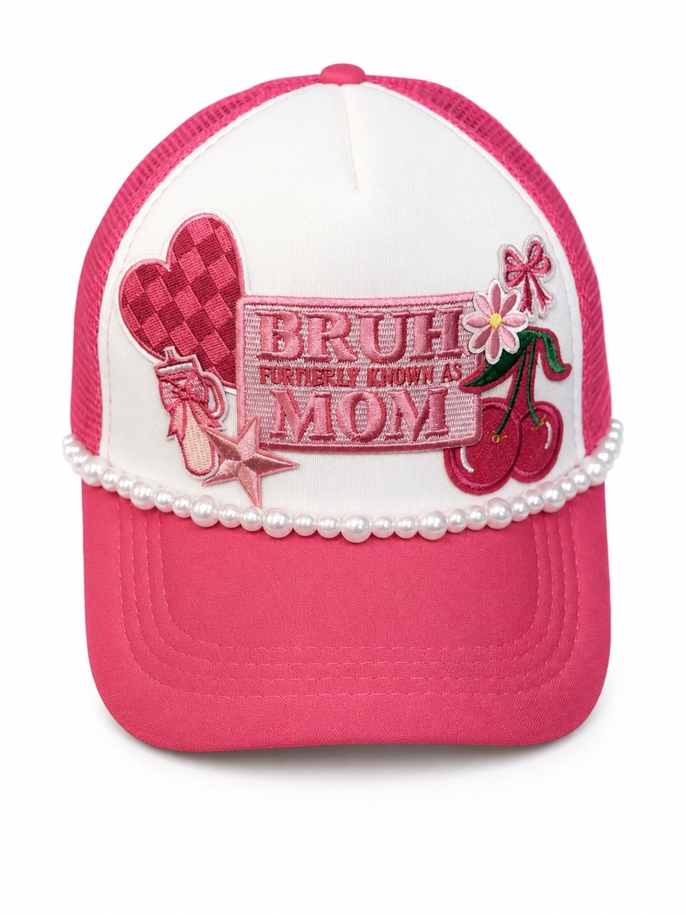 Hand Crafted Pink Embellished 'BRUH MOM' Patch Trucker Hat